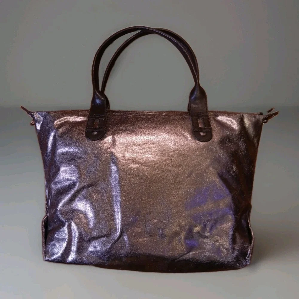 Stella & Dot Metallic Bronze Sz L Tote Weekender Travel Bag Leather Trim EUC VTG